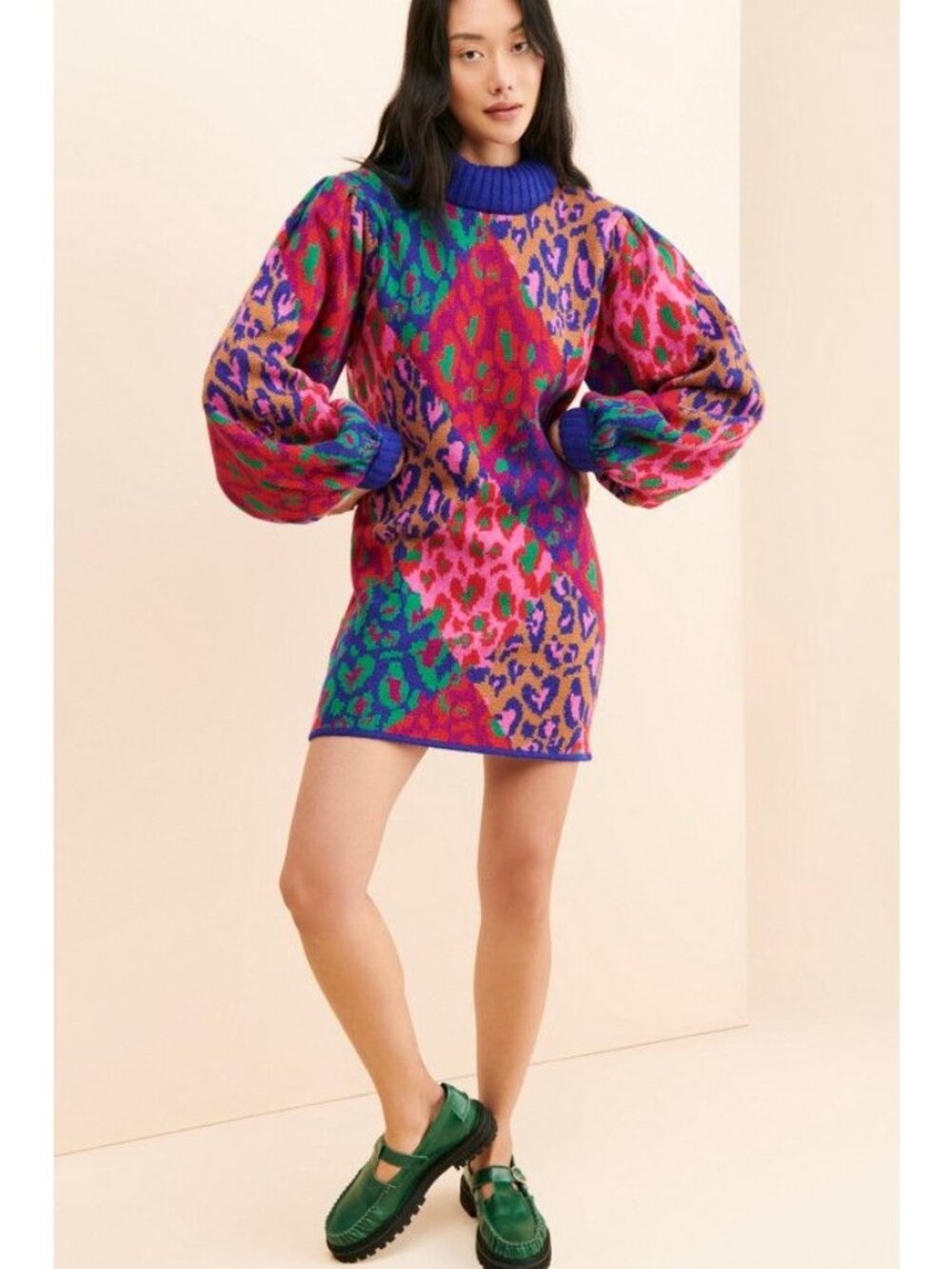 Farm Rio Mixed Leopard Pop Sweater Dress Small Knit Patchwork Animal Print NWT